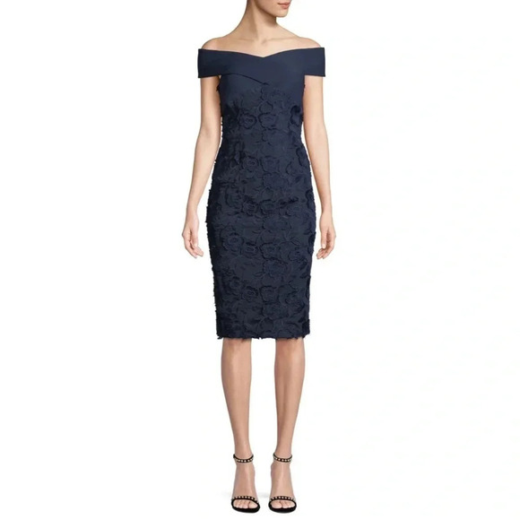 NWOT Black Halo by Laurel Berman Eve Leone Off-The-Shoulder Floral Lace Dress